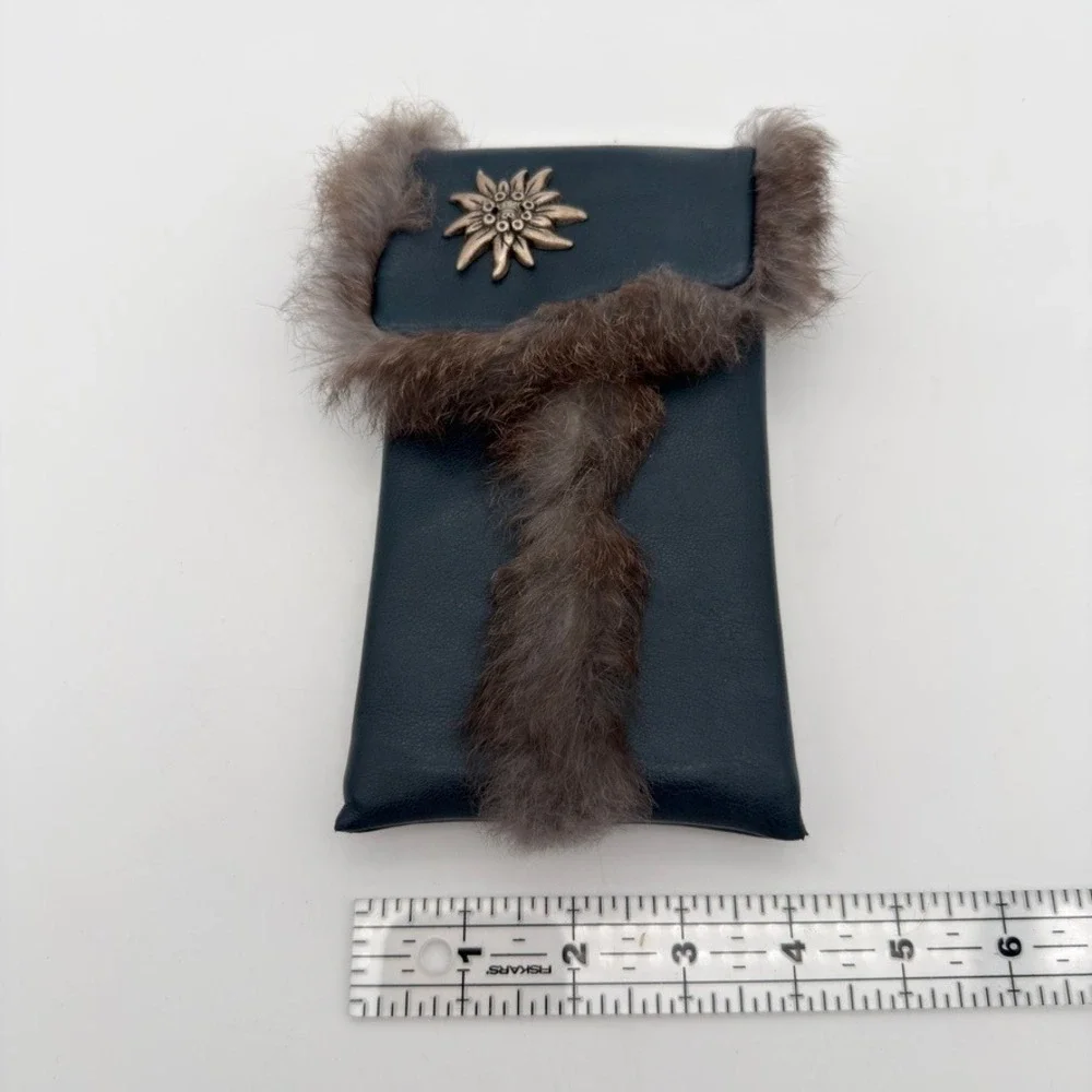 Navy‎ Leather Edelweiss Fur Trim Pouch Phone Case Glasses Sleeve Navy Blue